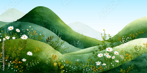 Green meadow landscape with wildflowers blooming across rolling hills. Ideal summer nature scene for banners, wallpapers, or graphic templates.