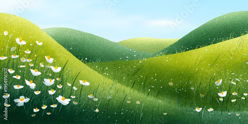 Spring meadow with wildflowers blooming across rolling hills under blue sky. Soft watercolor landscape featuring natural scenery perfect for seasonal posters and wall art.