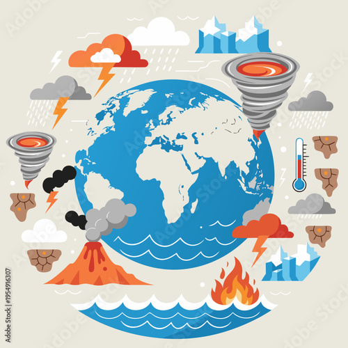 Dynamic Vector Representation of Earth Undergoing Climate Change and Natural Disasters, Environmental Crisis Concept