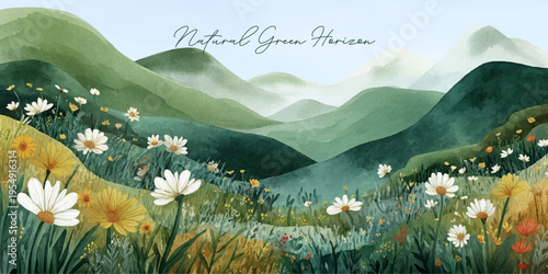 Watercolor grass field with spring flowers and rolling hills under blue sky. Hand-painted meadow landscape with soft textures and natural green scenery for posters.