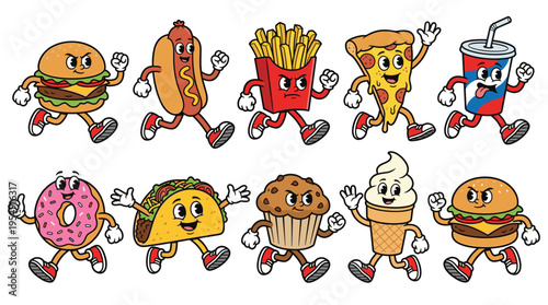 Fast food character mascot collection in old school cartoon style, burger, hotdog, french fries, pizza, and soda drink.