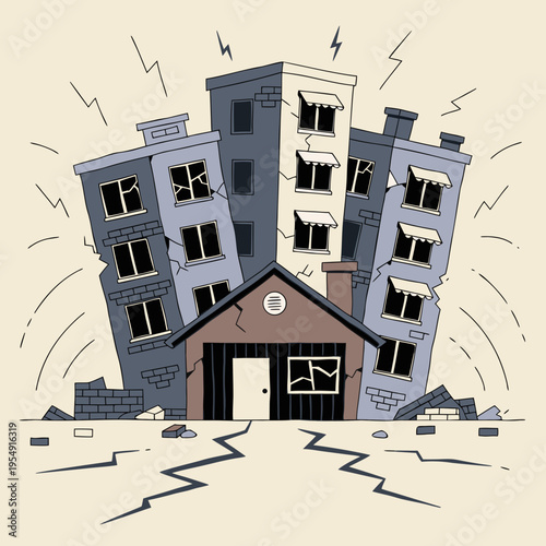 Earthquake damage to buildings and houses causing destruction and cracks in the ground