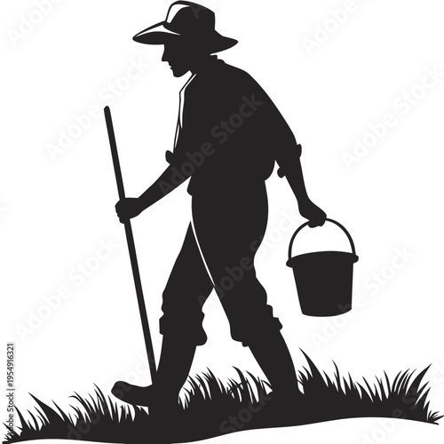 Farmer Silhouette with Bucket and Walking Stick Icon Vector