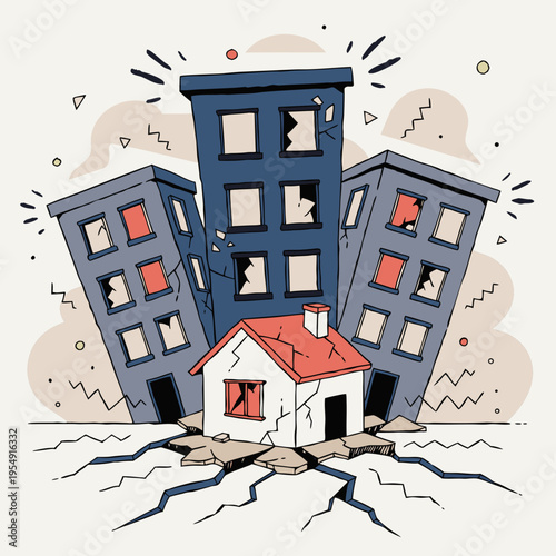 Earthquake Damage Illustration Houses and Buildings Collapsing