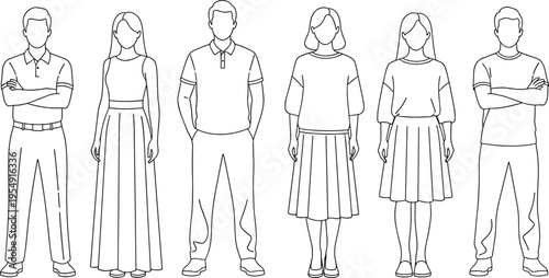diverse people line art, standing human characters illustration, casual clothing styles, outline figures set, modern minimal design, social diversity concept