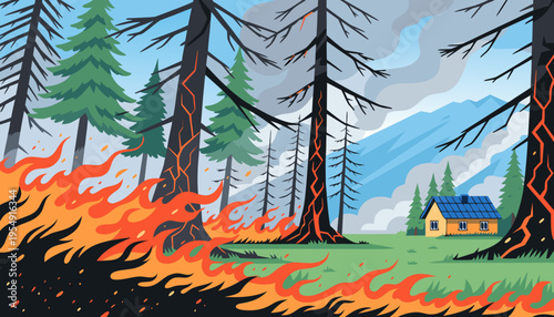 Forest fire approaching a house in the mountains, environmental disaster