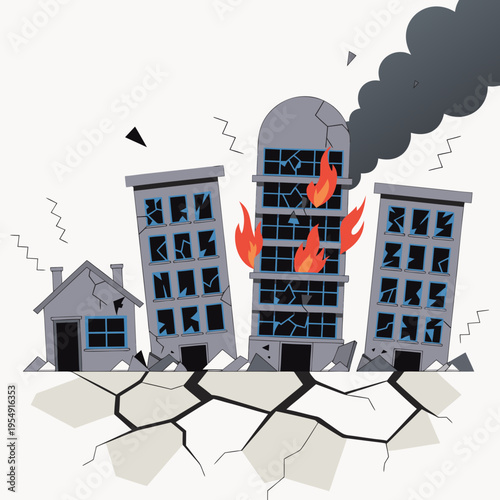 Catastrophic urban disaster illustration earthquake tremors cause widespread building collapse, structural damage, and raging fires