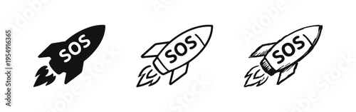 Hand drawn SOS rocket icon set in solid, outline, and sketch styles.