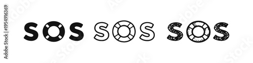 Hand drawn SOS distress signal icons with lifebuoy ring in various styles.