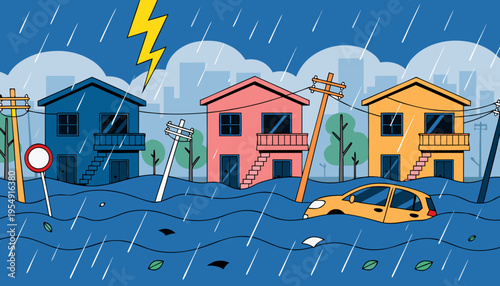 Natural Disaster Houses and Cars Submerged in Floodwaters Amidst Stormy Weather