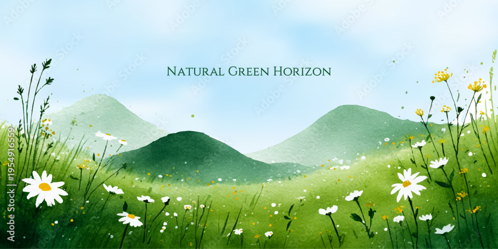 Naklejka premium Watercolor mountain landscape with green meadows and white daisies under blue sky. Natural spring scenery perfect for posters, cards, and nature-inspired designs.
