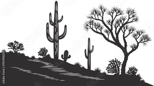 Desert Cactus Silhouette Landscape Vector Saguaro and Prickly Pear Panorama Icon