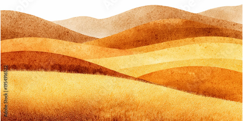 Watercolor wheat field pattern with golden grain stalks and harvest elements. Farm background illustration featuring organic crops and autumn agricultural landscape textures.
