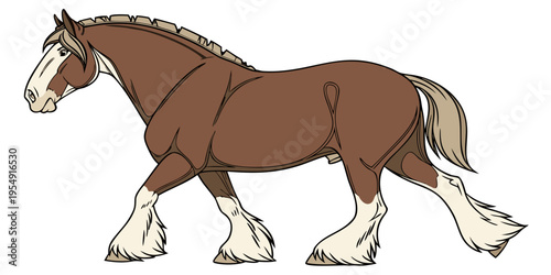 "A professional, ultra high-resolution 3D photorealistic render of a majestic heavy draft horse, such as a Belgian or Clydesdale, isolated on a solid white background. The horse is shown in a three-qu