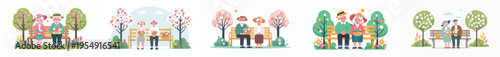 Vector of a old couple sitting on a park bench after picking flowers in spring