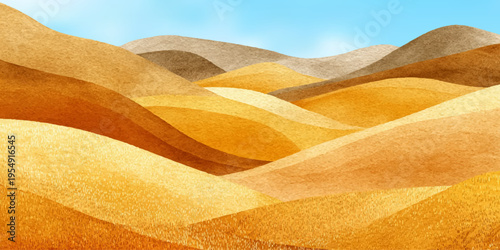 Golden wheat field watercolor background with seamless farm pattern. Harvest grain illustration showcasing organic crops, nature textures, and agricultural vineyard elements.