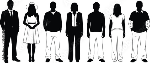diverse people silhouettes, standing figures illustration, business and casual clothing styles, human outline characters, social diversity concept, isolated on background