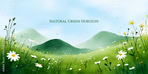 Watercolor mountain landscape with green meadows and white daisies under blue sky. Natural spring scenery perfect for posters, cards, and nature-inspired designs.