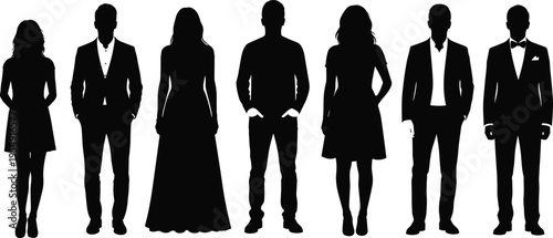Diverse, business, people, silhouettes, standing, group, formal, wear, men, women, corporate, team, professional, isolated, black, figures, fashion, elegant, lineup, concept