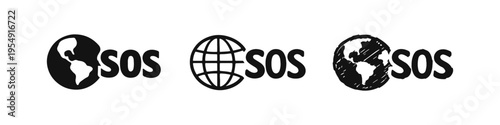 SOS Global Crisis Icons Featuring Earth Map Illustrations and Distress Message