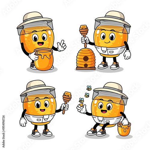 Cartoon honey jar characters dressed as beekeepers in various poses.