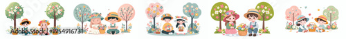 Vector of children sitting on floor after picking flowers in spring