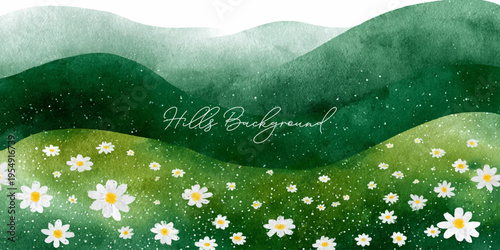 Hand-painted field scene featuring wildflowers, green grass, and distant mountains, ideal backdrop for spring posters, banners, and decorative projects.