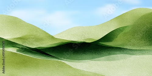 Watercolor landscape with rolling hills and green meadows under blue sky. Perfect spring field scenery with soft clouds and natural watercolor textures for posters.