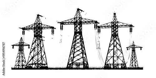 Industrial Electric Power Transmission Tower Pylon Silhouette with Forest Landscape Vector
