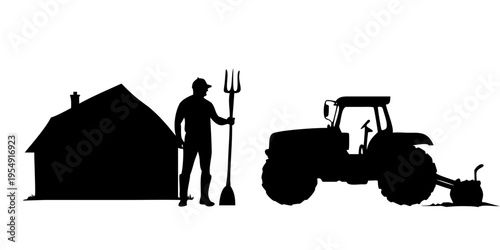 Farmer with Tractor Barn Wheat and Pitchfork Silhouette Vector Set Isolated on White