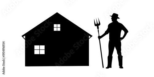 Farmer Silhouette with Pitchfork and Barn House Vector Icon Isolated on White
