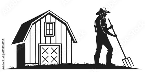 Farmer Silhouette with Pitchfork and Barn House Vector Icon Isolated on White
