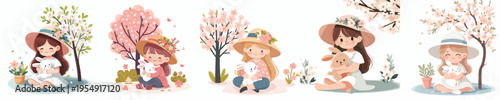 vector of a little girl sitting hugging a rabbit in the garden during spring