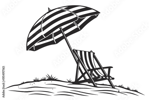Beach Chair and Parasol Umbrella Silhouette Vector Icon Summer Vacation Isolated on White