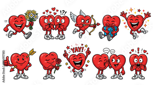 Valentine love character icon set in a classic cartoon style, featuring romance, affection, friendship, joy, and emotions.