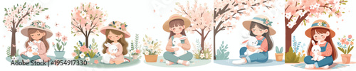 vector of a little girl sitting hugging a rabbit in the garden during spring