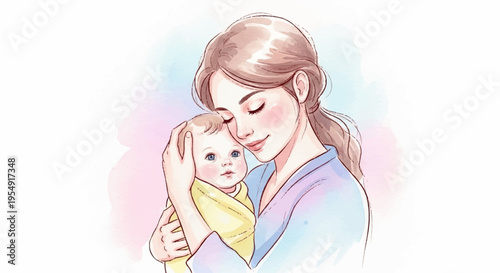 Mother tenderly holding and kissing newborn baby pastel colors warm atmosphere love and care concept
