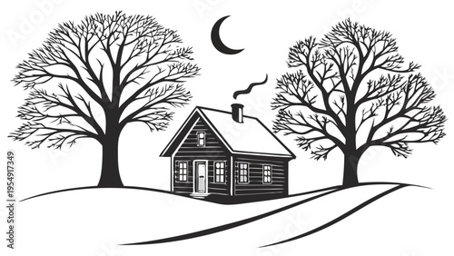 Winter Cottage Silhouette Vector Icon Snowy House and Bare Trees Isolated on White