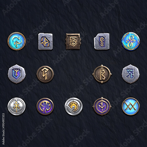 Collection of various gaming icons and symbols on a dark background