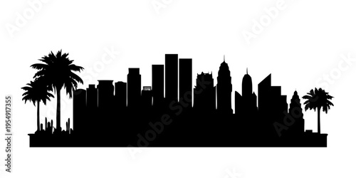 Modern Tropical City Skyline Silhouette Vector Icon Skyscrapers and Palm Trees Isolated on White