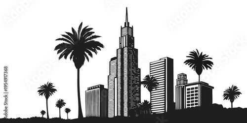 Modern Tropical City Skyline Silhouette Vector Icon Skyscrapers and Palm Trees Isolated on White