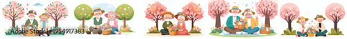 Vector of a old couple sitting on floor after picking flowers in spring