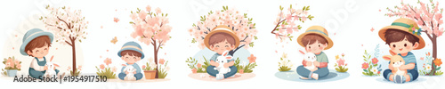 vector of a little boy sitting hugging a rabbit in the garden during spring