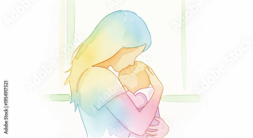 Mother holding baby close tender moment by window with soft natural light