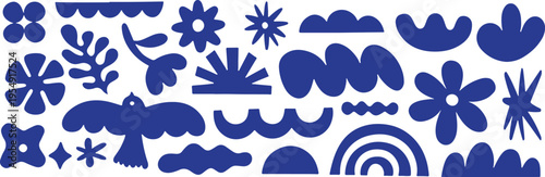 A collection of blue abstract shapes and floral patterns on a white background