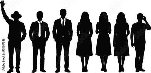 Group of people silhouettes standing together, diverse men and women, business and casual outfits, teamwork concept, minimalist black vector illustration