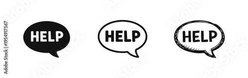 Help Speech Bubble Icons Set - Solid, Outline, and Hand-Drawn Styles for Urgent Communication