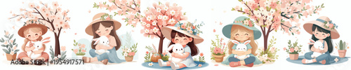 vector of a little girl sitting hugging a rabbit in the garden during spring