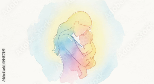 Mother holding baby close pastel colors soft lighting warm embrace loving family moment tender scene heartwarming illustration parenthood childcare nurturing
