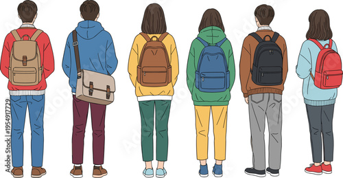 Group of students with backpacks standing from back view, casual outfits, school lifestyle, youth fashion, education concept illustration